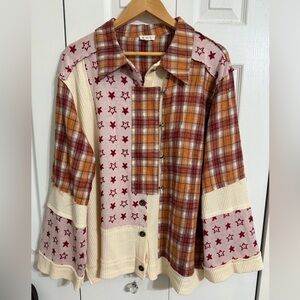 POL Patchwork Plaid Button-Up Shirt Bell Sleeves size L
